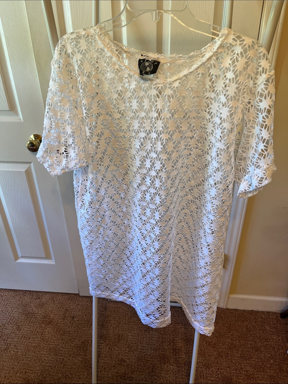 White Crochet Short Sleeve Tunic Top - Unbranded